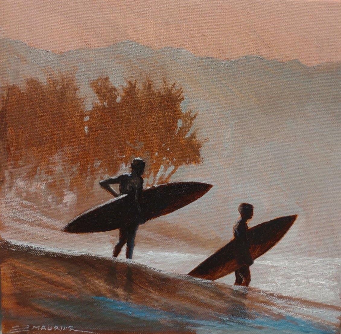 Eric Maurus North Shore Surfers – Framed 10x10 Original Oil Painting on Canvas by Eric Maurus
