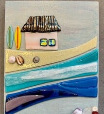 Shelly Batha Surf Shack, 8x10 Fused Glass on Wood Panel