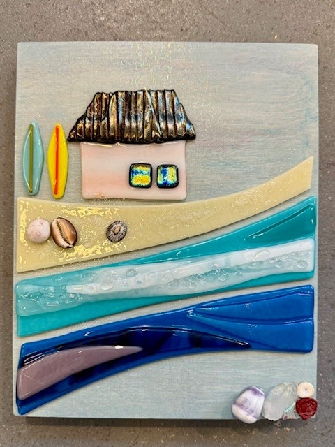 Shelly Batha Surf Shack, 8x10 Fused Glass on Wood Panel
