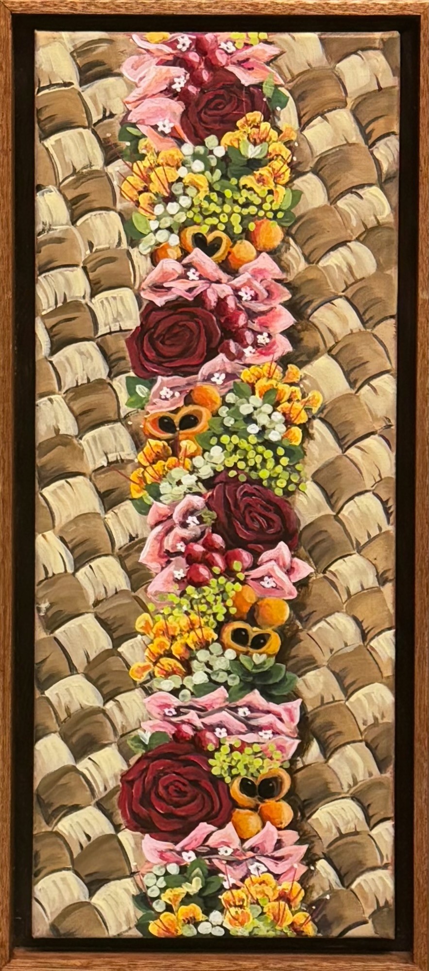 Ellen Michino HAKU WITH RED ROSES, ORIGINAL OIL PAINTING 8x20 FRAMED