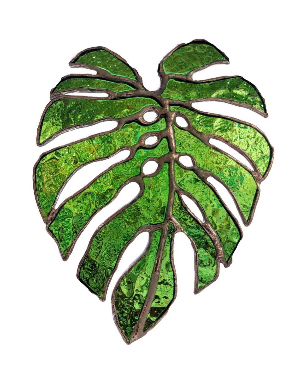 Clyde Oishi MONSTERA STAINED GLASS ORNAMENT, APPROX. 5"X4"