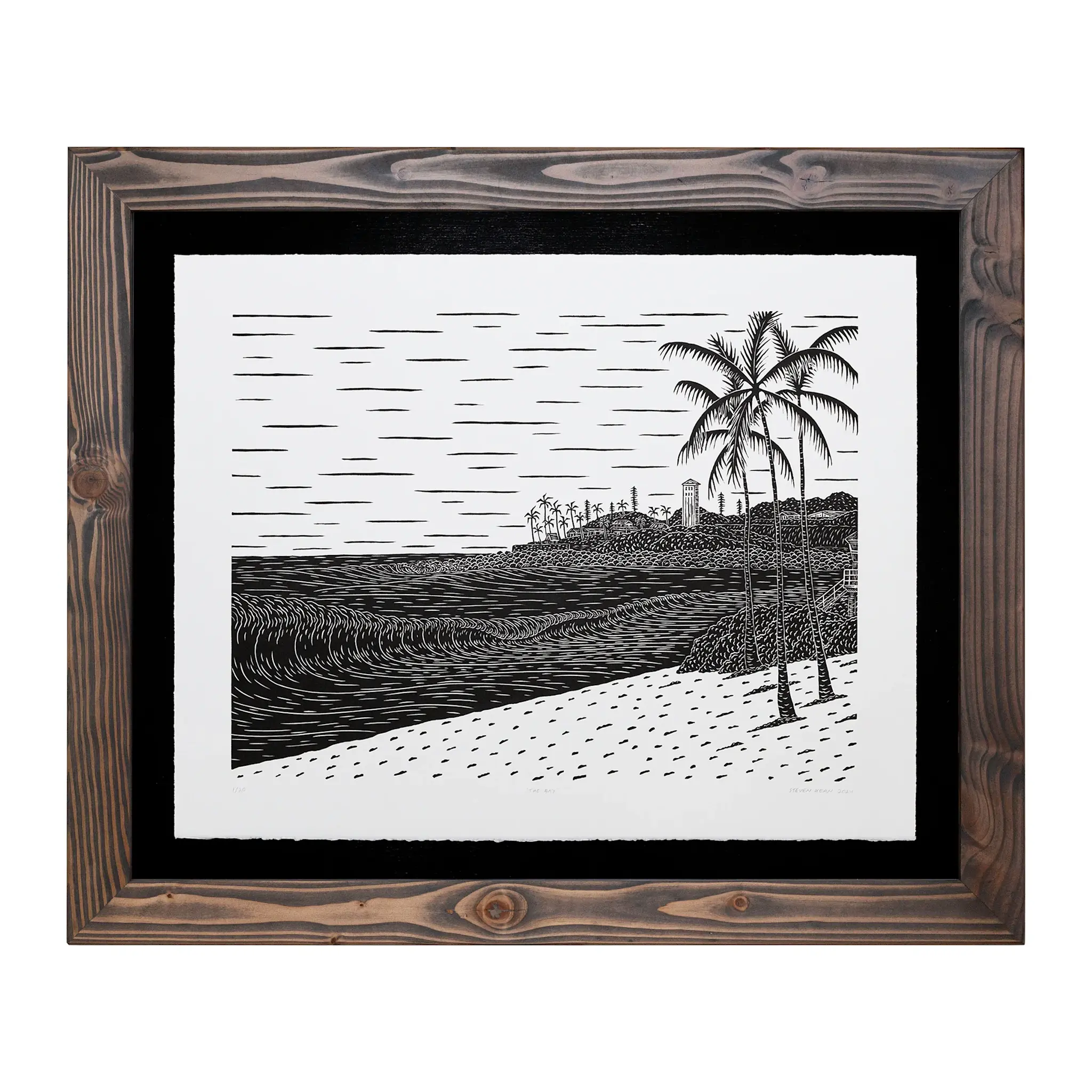 Kean Arts THE BAY, FRAMED (Kiln Dried Douglas fir) ORIGINAL WOODCUT PRINT #4/20 ON BFK PAPER, APPROX. 21”X27” WITH OUTER FRAME APPROX 30”X36”
