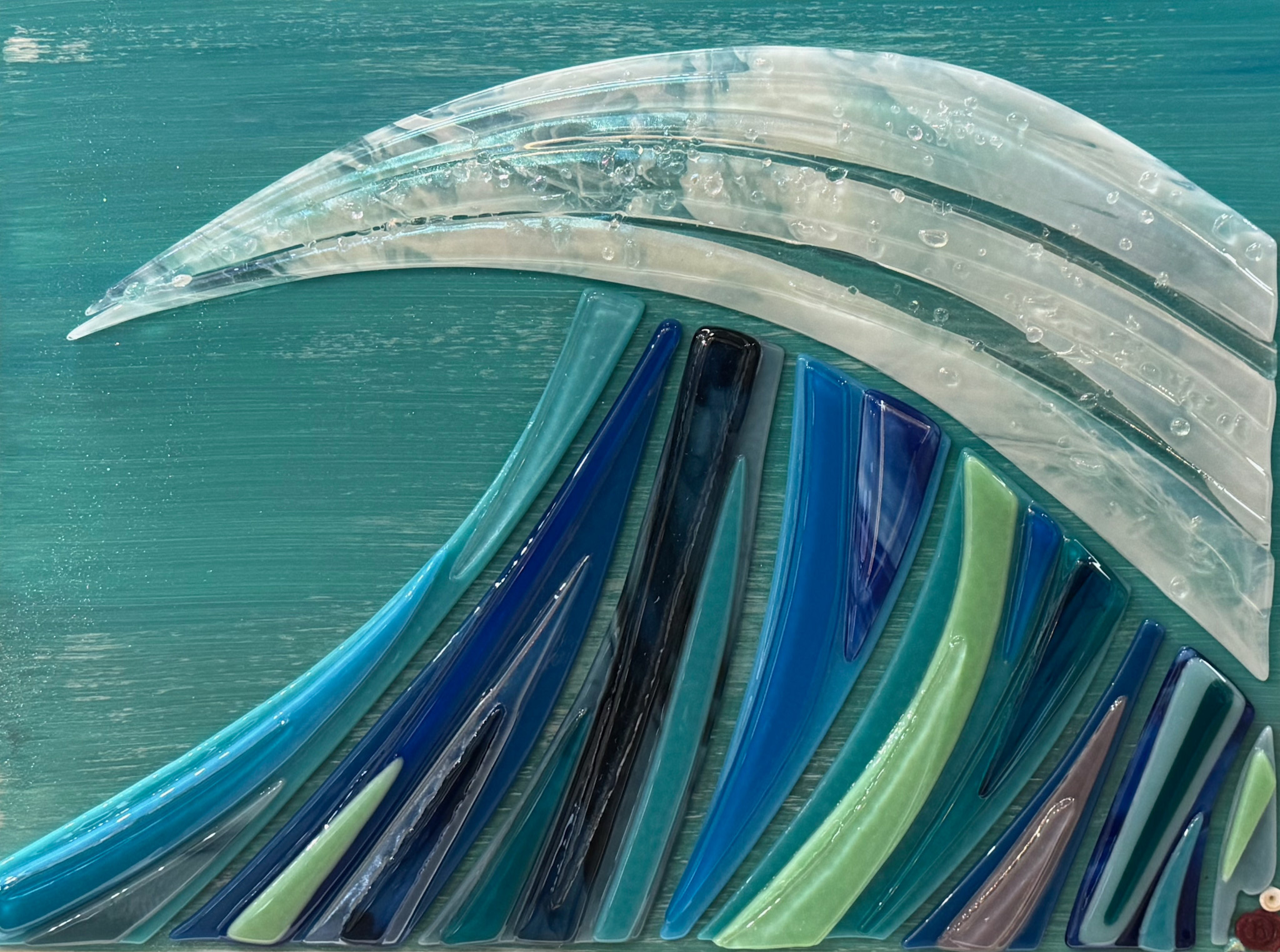 Shelly Batha Wave, 12x16 Fused Glass on Wood Panel