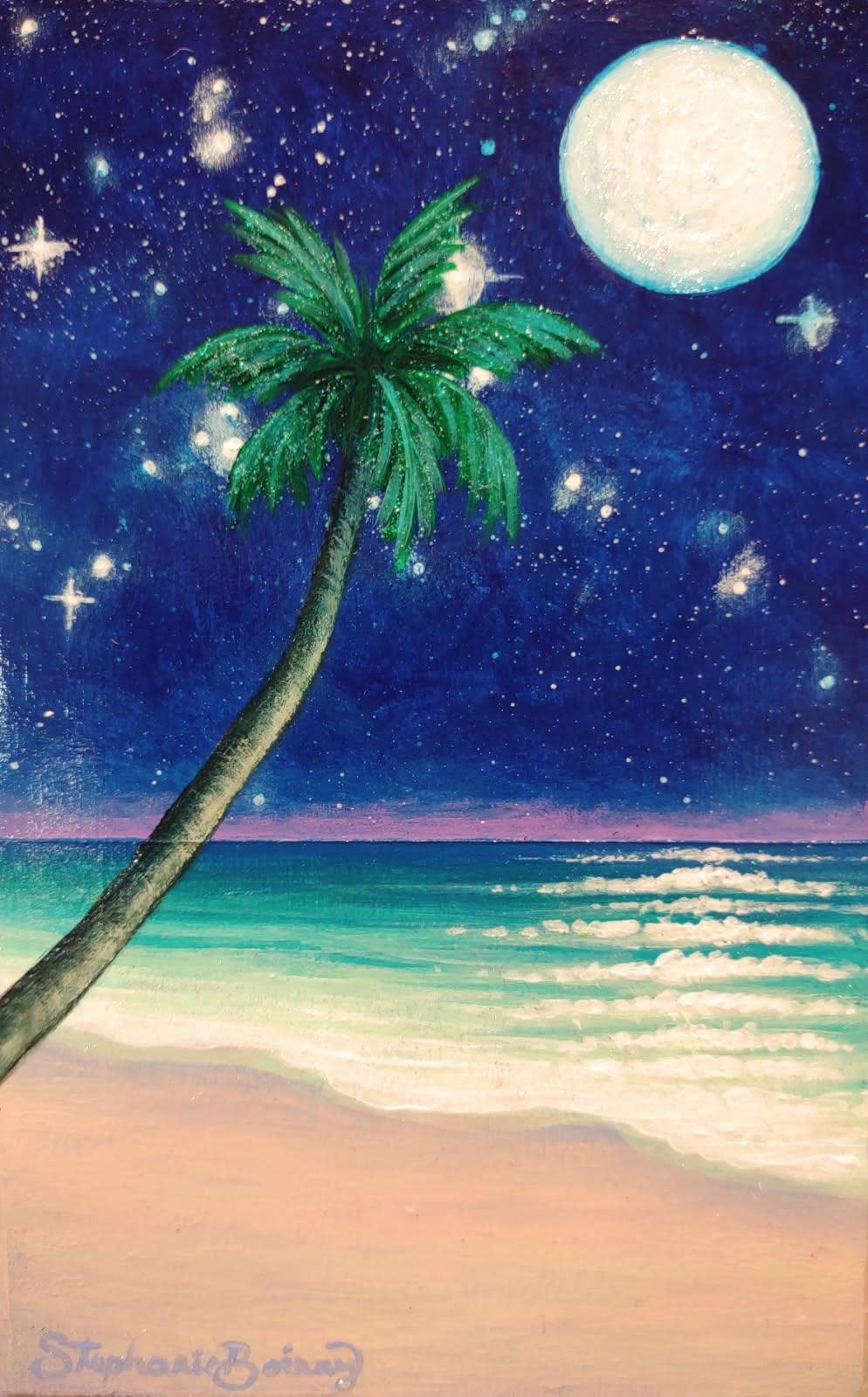 Stephanie Boinay MOONLIGHT PALM BEACH, 3.25X5 ORIGINAL ACRYLIC PAINTING ON WOOD PANEL