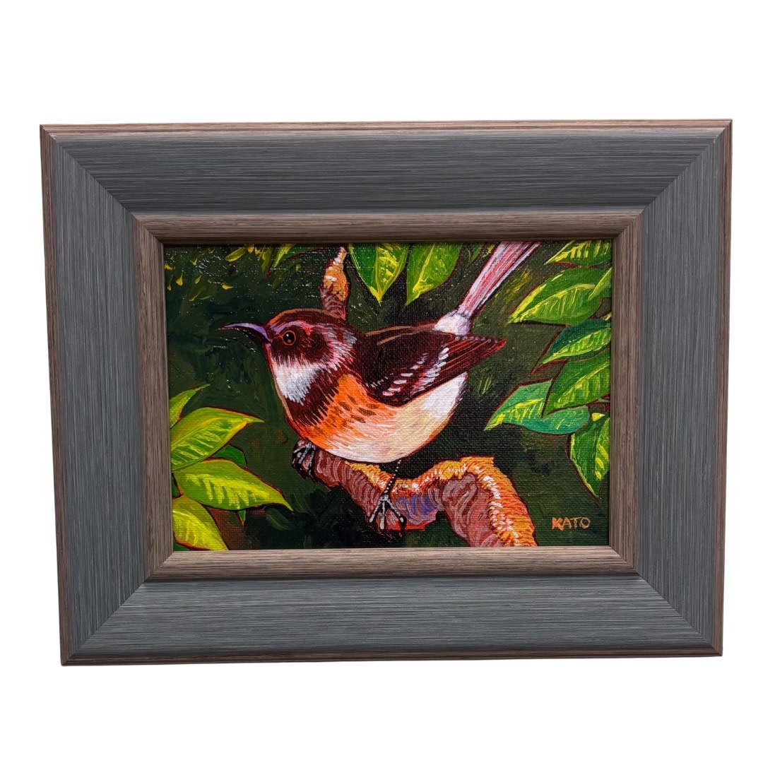 Gary Kato ELEPAIO, 5X7  ORIGINAL ACRYLIC PAINTING, FRAMED (GK-1020)