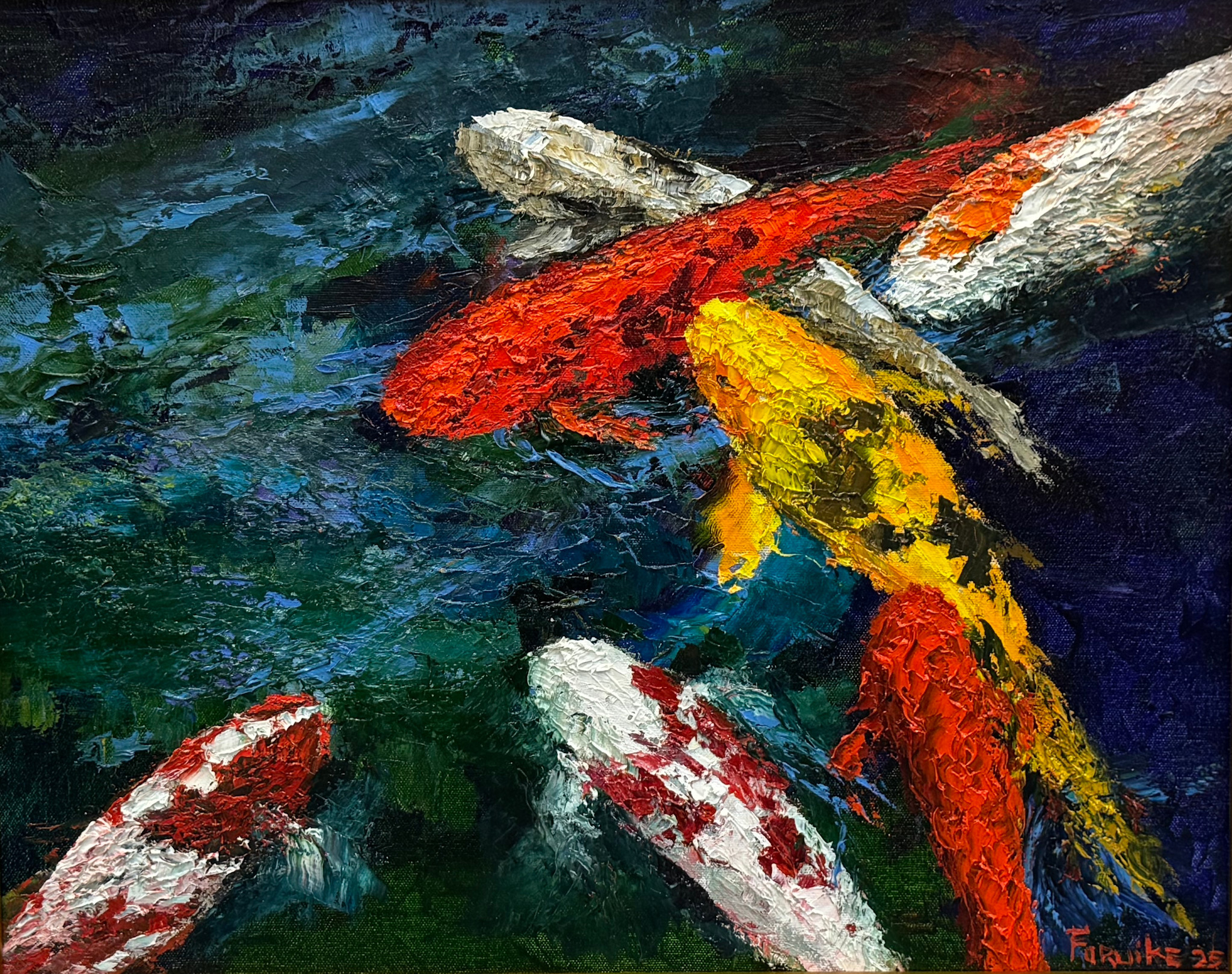 Ed Furuike Water Ballet, 16x20 Framed Original Palette Knife Oil Painting on Canvas