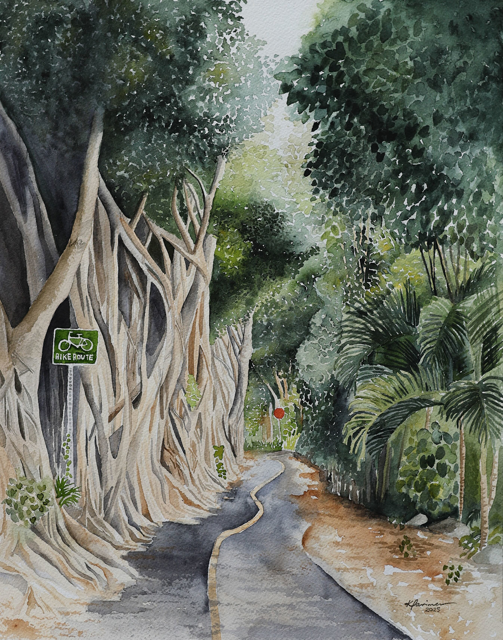 Kirsten Larimer PUPUKEA BIKE PATH, FRAMED ORIGINAL WATERCOLOR 11X14 (16X20 WITH FRAME)