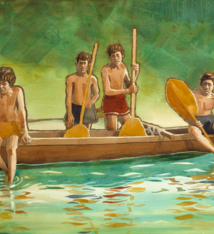 Matt Coffman STILL WATERS-FOUR BOYS IN A CANOE, ORIGINAL WATERCOLOR PAINTING, 23X30 (31X39 FRAMED)