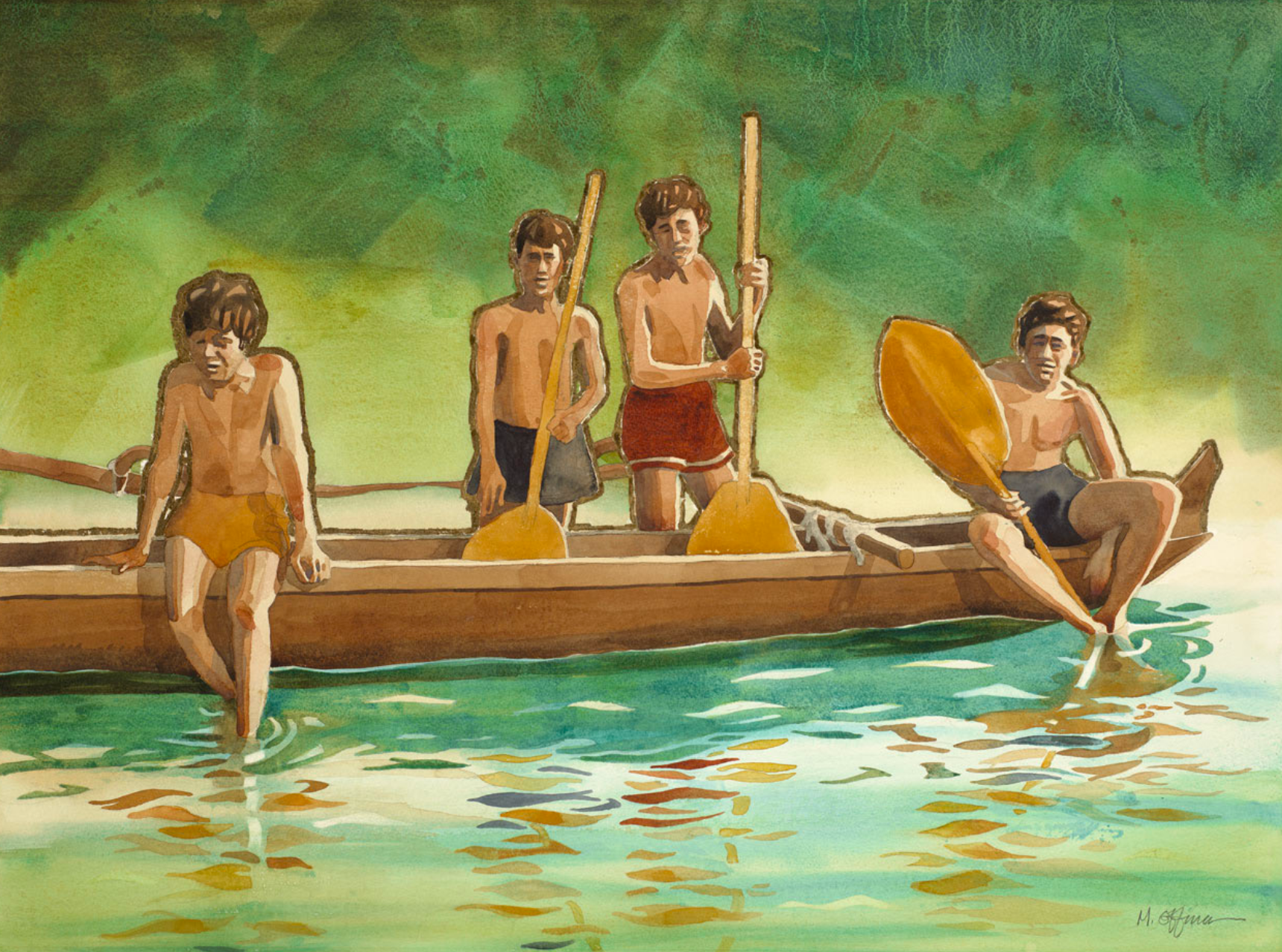 Matt Coffman STILL WATERS-FOUR BOYS IN A CANOE, ORIGINAL WATERCOLOR PAINTING, 23X30 (31X39 FRAMED)