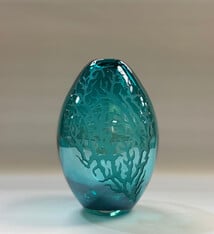 Heather Mettler LARGE TURQUOISE OVAL VASE WITH ETCHED FAN CORAL