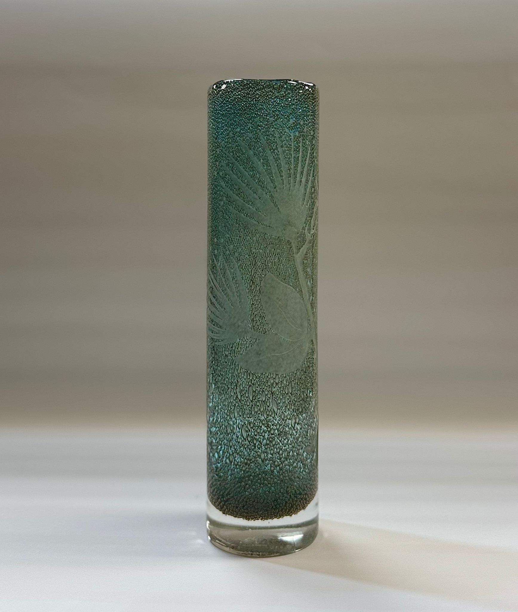 Heather Mettler SMALL TURQUOISE/COPPER CYLINDER VASE WITH ETCHED OHIA