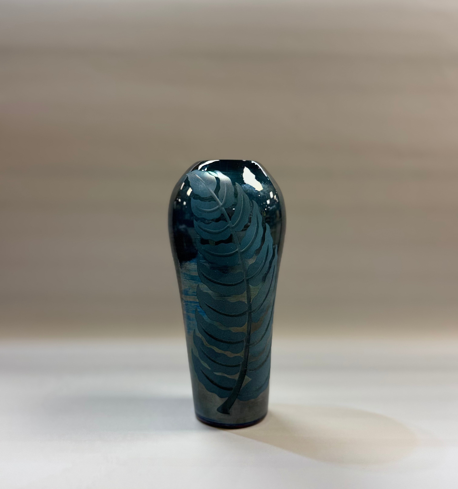 Heather Mettler TALL BLUE IRIDISED VASE WITH ETCHED FERN