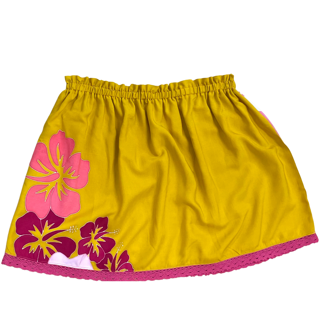 Ginger Leong Made in Hawaii Hula Iki Top-Small/Med-Pink Ginger/Mustard Hibiscus/Hot Pink Lace