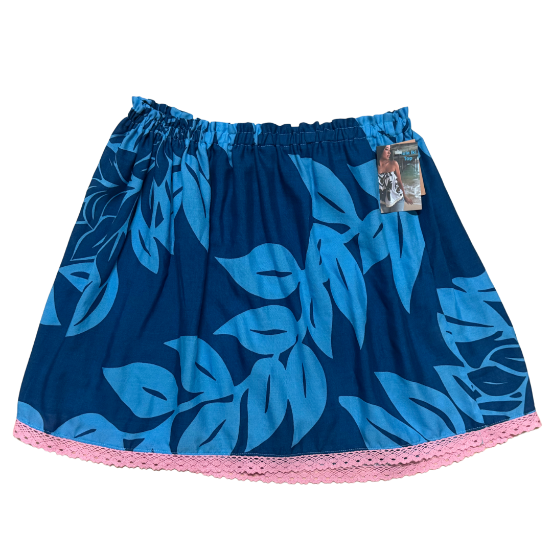 Ginger Leong Made in Hawaii Hula Iki Top-Med/Large-Blue Maile-Pink Lace