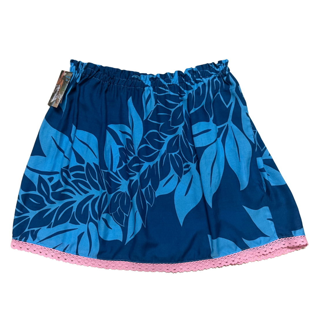 Ginger Leong Made in Hawaii Hula Iki Top-Med/Large-Blue Maile-Pink Lace