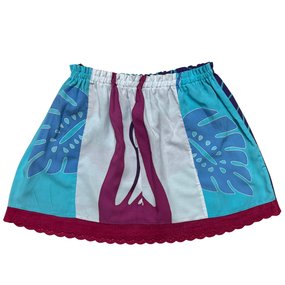 Ginger Leong Made in Hawaii Hula Iki Top-Small/Med-Light Blue Monstera on Blue and White-Turquoise & Purple-Hot Pink Lace
