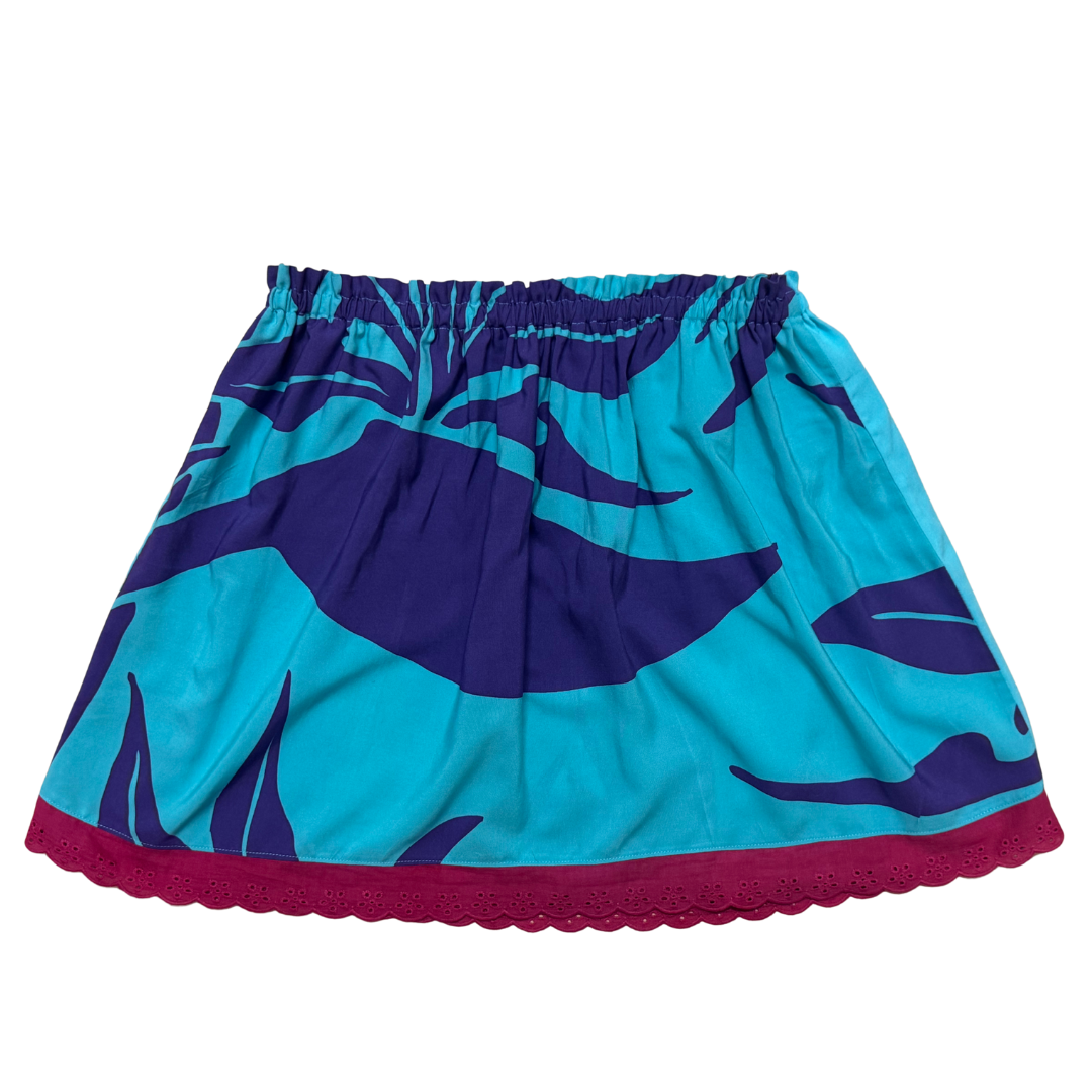 Ginger Leong Made in Hawaii Hula Iki Top-Small/Med-Light Blue Monstera on Blue and White-Turquoise & Purple-Hot Pink Lace