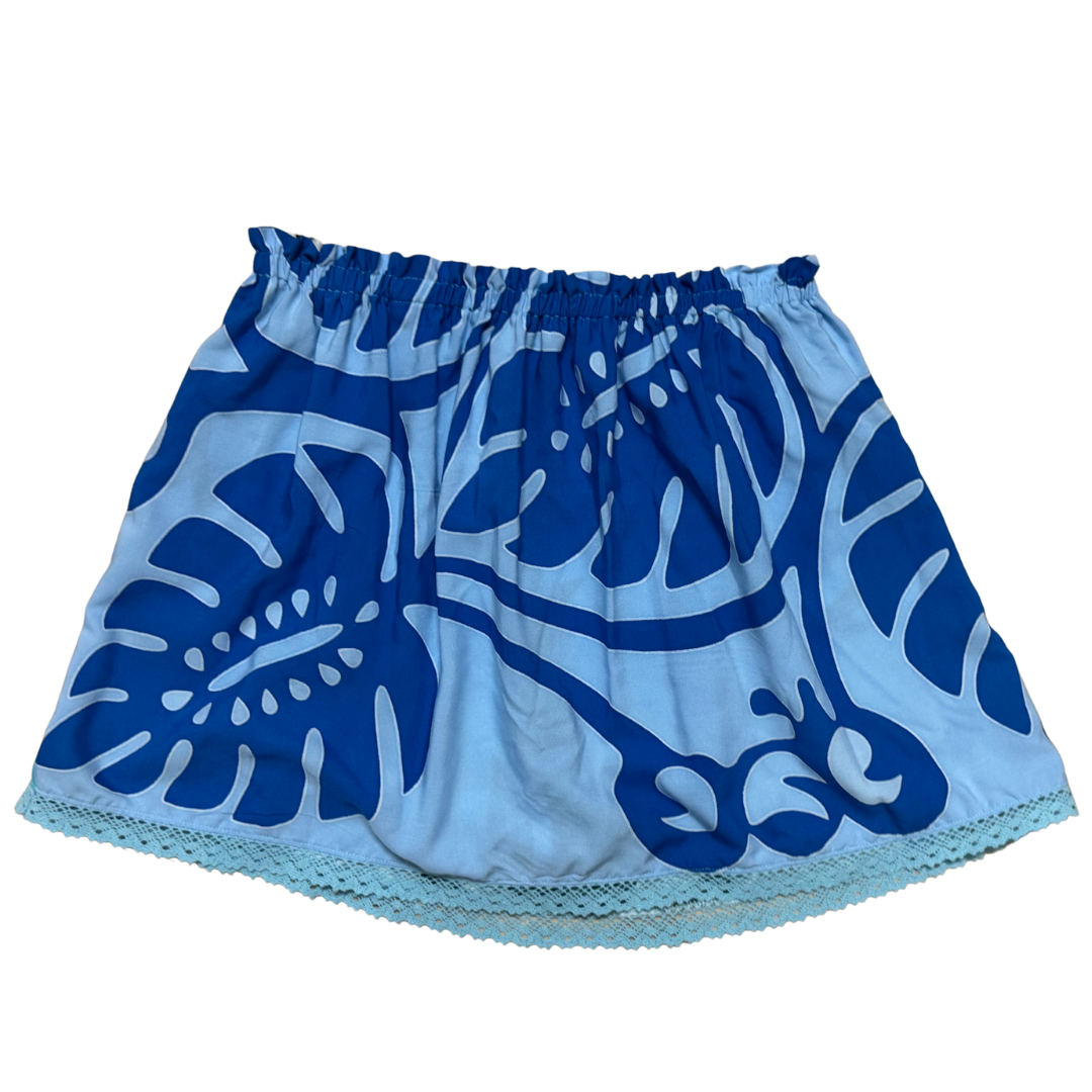Ginger Leong Made in Hawaii Hula Iki Top-Small/Med-Blue Monstera on Light Blue- Turquoise Flower on White-Soft Blue Lace