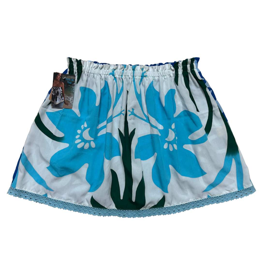 Ginger Leong Made in Hawaii Hula Iki Top-Small/Med-Blue Monstera on Light Blue- Turquoise Flower on White-Soft Blue Lace