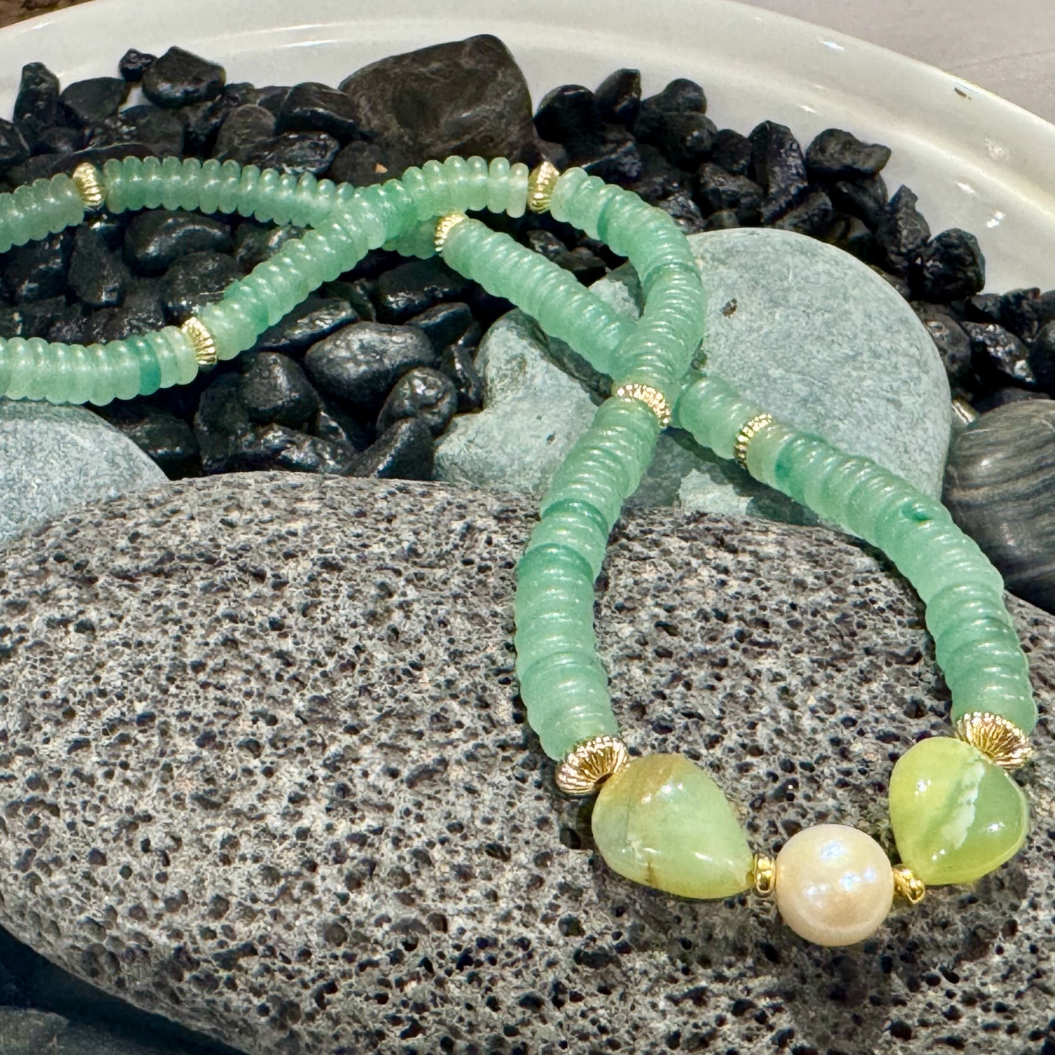 Magnolia Designs Aventurine, Green Peruvian Opal & Pearl Necklace – Handmade in Hawai‘i