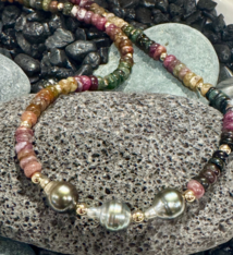 Magnolia Designs 19" Multicolor Tourmaline Necklace with 3 Tahitian Pearls – Handmade Gold Fill Jewelry from Hawai‘i