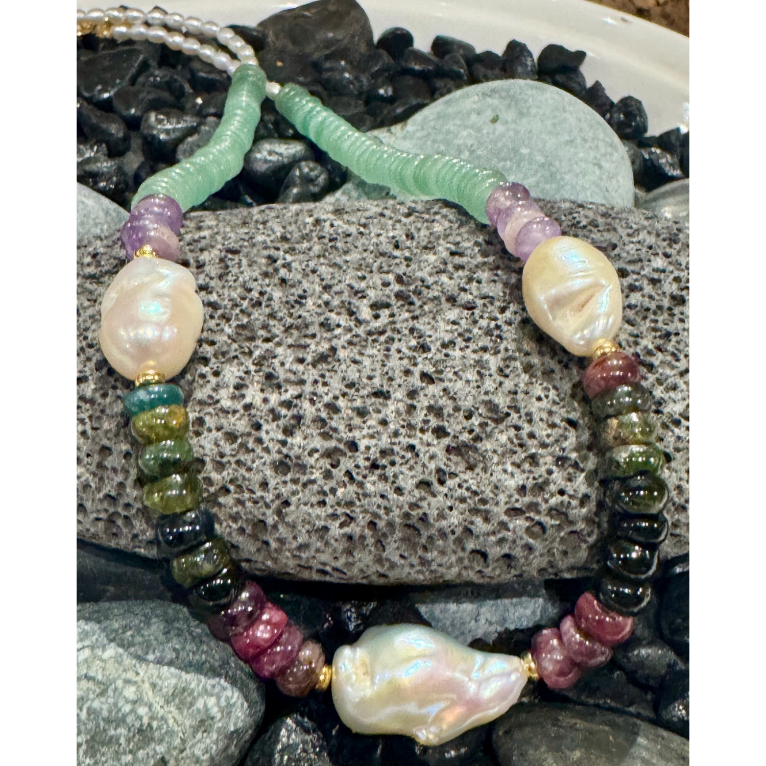 Magnolia Designs 17" Freshwater Pearl, Aventurine, Tourmaline & Amethyst Necklace with Baroque Pearls – Handmade Gold Fill from Hawai‘i