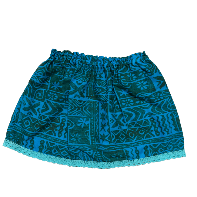 Ginger Leong Made in Hawaii Hula Iki Top-Small/Med-Dark Blue Pattern/Soft Blue Lace