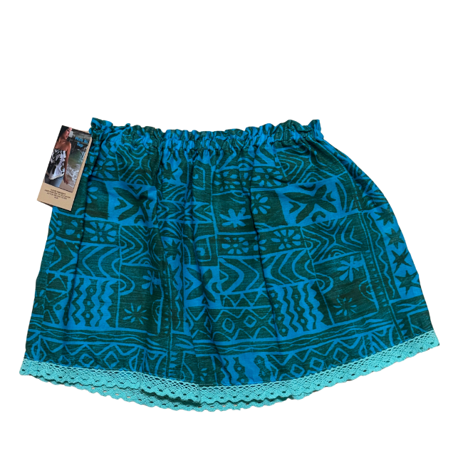 Ginger Leong Made in Hawaii Hula Iki Top-Small/Med-Dark Blue Pattern/Soft Blue Lace
