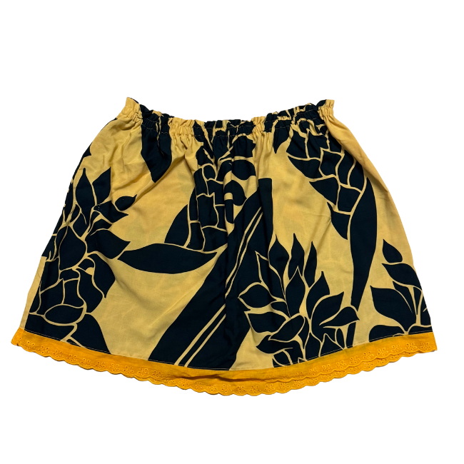 Ginger Leong Made in Hawaii Hula Iki Top-Med/Large/Warm Yellow and Black Ginger/Turquoise Lace
