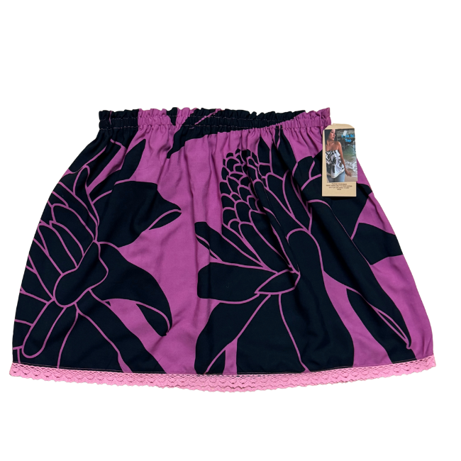 Ginger Leong Made in Hawaii Hula Iki Top-Med/Large/Mauve Torch Ginger/Pink Lace