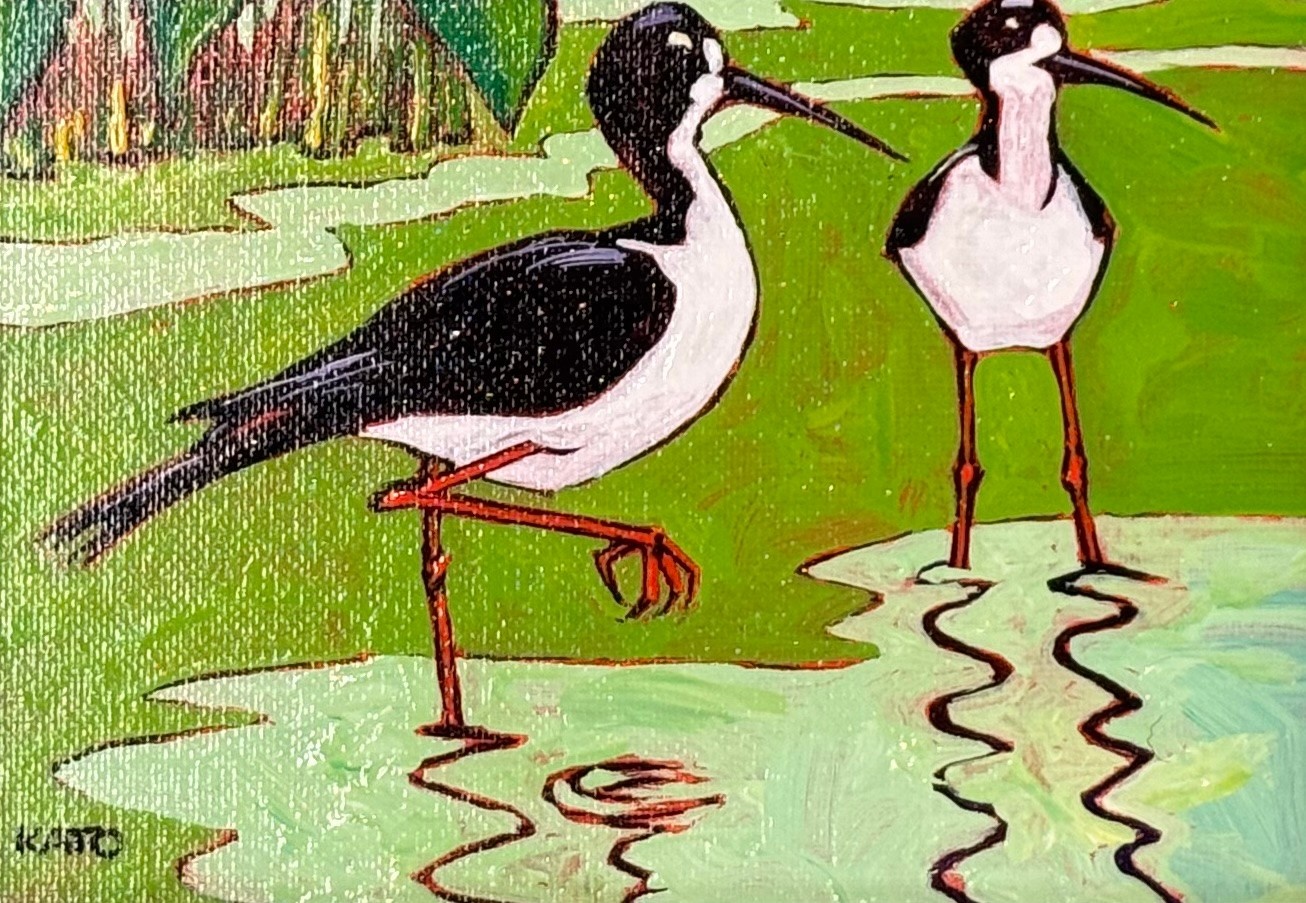 Gary Kato Hawaiian Stilts – Framed 5x7 Original Acrylic Painting by Gary Kato | Magnolia Hawaii