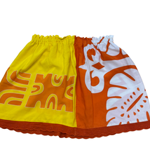 Ginger Leong Made in Hawaii Hula Iki Top-Small/Med-Orange Design on Yellow/White Monstera on Orange/Orange Lace