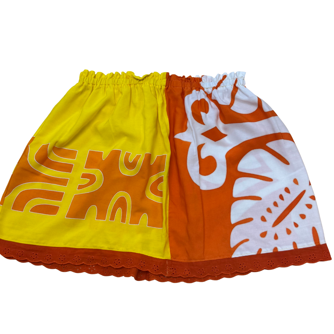 Ginger Leong Made in Hawaii Hula Iki Top-Small/Med-Orange Design on Yellow/White Monstera on Orange/Orange Lace