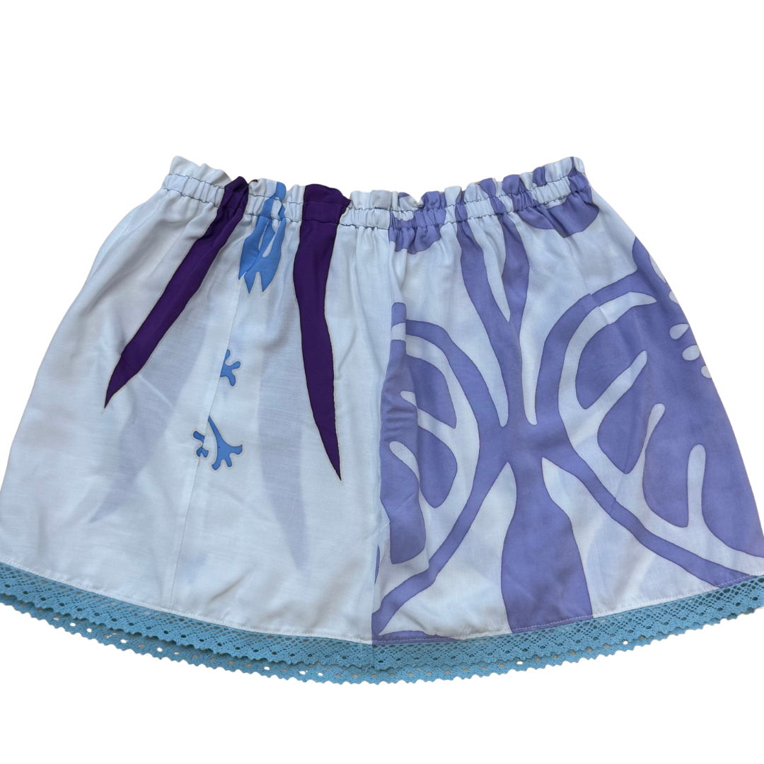 Ginger Leong Made in Hawaii Hula Iki Top-Small/Med-Lavender Monstera on White/Purple Blue Design on White/Blue Lace