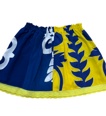 Ginger Leong Made in Hawaii Hula Iki Top-Small/Med-Blue Heliconia on Yellow/White Design on Blue/Yellow Lace