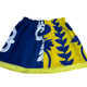 Ginger Leong Made in Hawaii Hula Iki Top-Small/Med-Blue Heliconia on Yellow/White Design on Blue/Yellow Lace