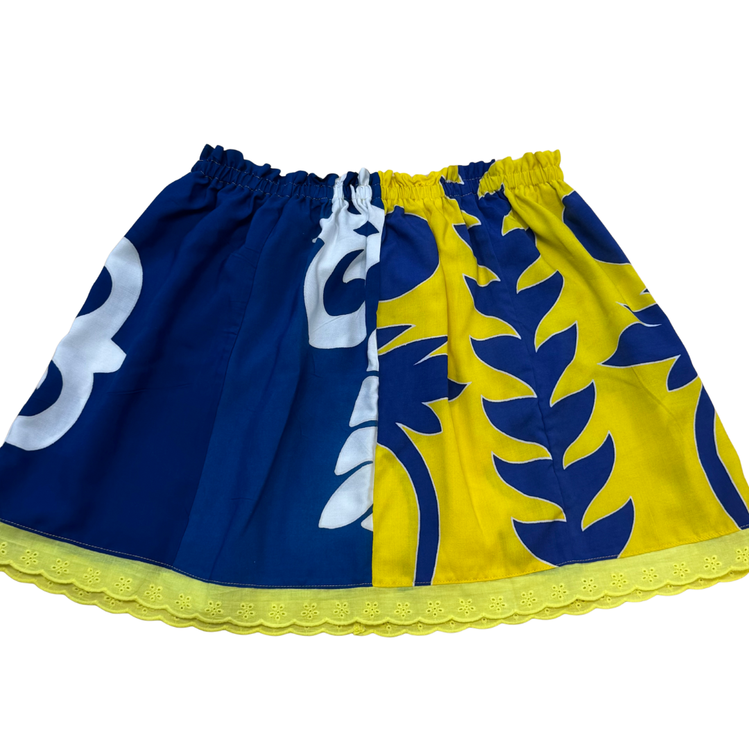 Ginger Leong Made in Hawaii Hula Iki Top-Small/Med-Blue Heliconia on Yellow/White Design on Blue/Yellow Lace