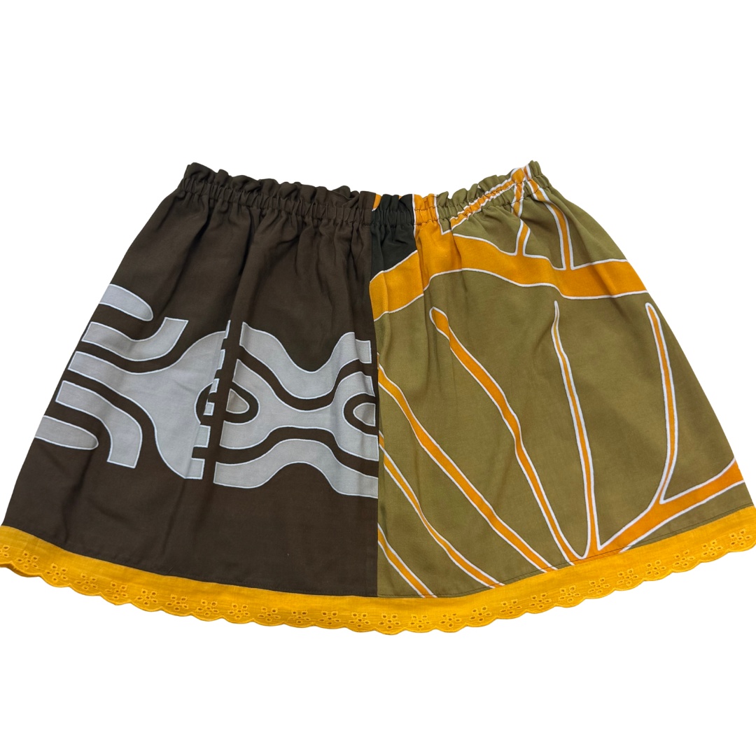 Ginger Leong Made in Hawaii Hula Iki Top-Small/Med-Olive Orange Leaves/Taupe Design on Brown/Orange Lace