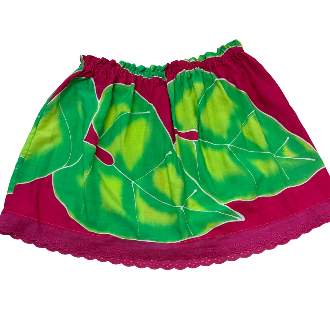 Ginger Leong Made in Hawaii Hula Iki Top-Small/Med-Fuschia and Green Leaves/Fuschia Lace