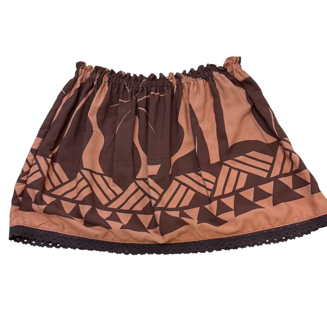 Ginger Leong Made in Hawaii Hula Iki Top-Small/Med-Light Brown and Dark Brown Leaves and Design/Dark Brown Lace