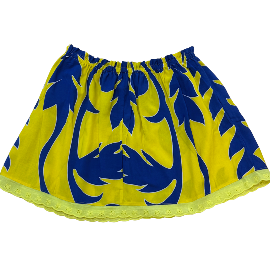 Ginger Leong Made in Hawaii Hula Iki Top-Small/Med-Yellow with Blue Breadfruit Design-Yellow Lace