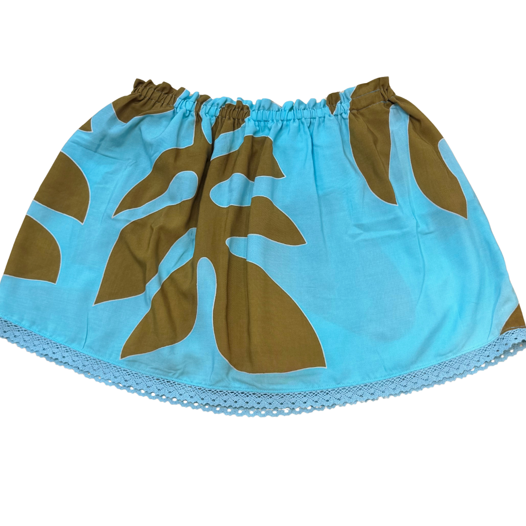 Ginger Leong Made in Hawaii Hula Iki Top-Small/Med-Sky Blue with Olive Leaf Design/Light Blue Lace