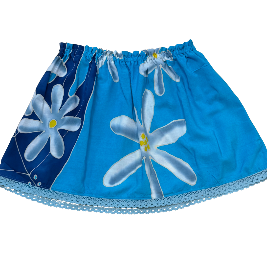 Ginger Leong Made in Hawaii Hula Iki Top-Small/Med-Bright Blue Tiare/Light Blue Lace