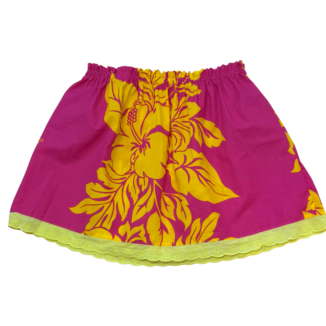 Ginger Leong Made in Hawaii Hula Iki Top-Small/Med-Yellow Hibiscus on Hot Pink/Yellow Lace