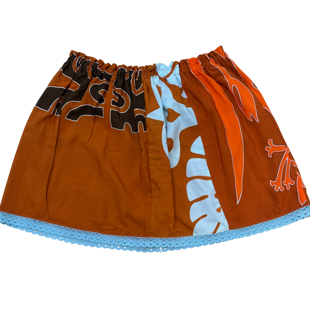 Ginger Leong Made in Hawaii Hula Iki Top-Small/Med-Deep Orange with Bright Orange, Turquoise and Brown Design/Light Blue Lace
