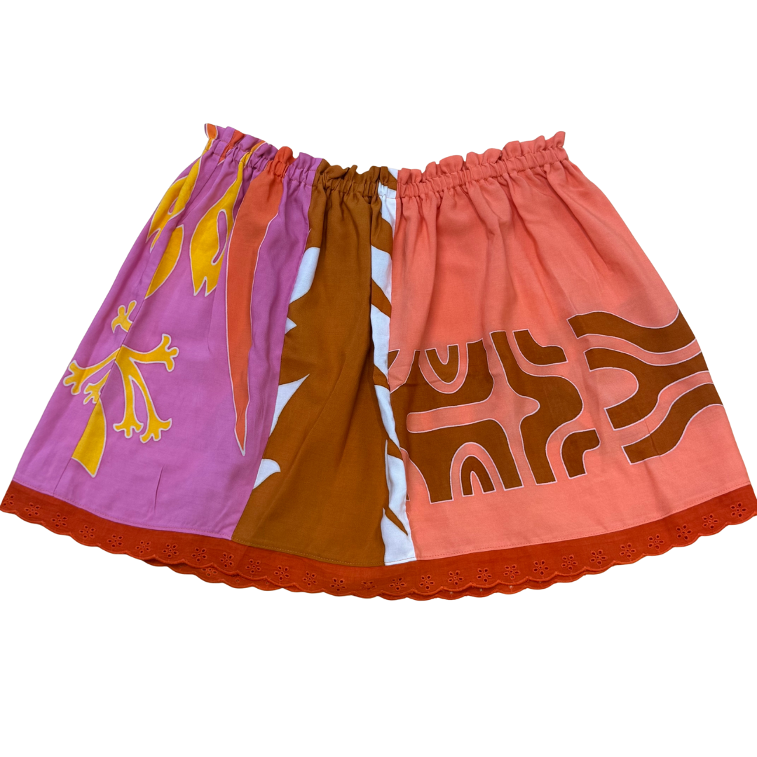 Ginger Leong Made in Hawaii Hula Iki Top-Small/Med-Pink, Orange, Peach Patterns/Dark Orange Lace