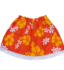 Ginger Leong Made in Hawaii Hula Iki Top-Med/Large-Orange with Yellow Hibiscus and White Flowers/White Lace