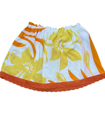 Ginger Leong Made in Hawaii Hula Iki Top-Small/Med-White with Yellow Flowers and Orange Leaves/Orange Lace