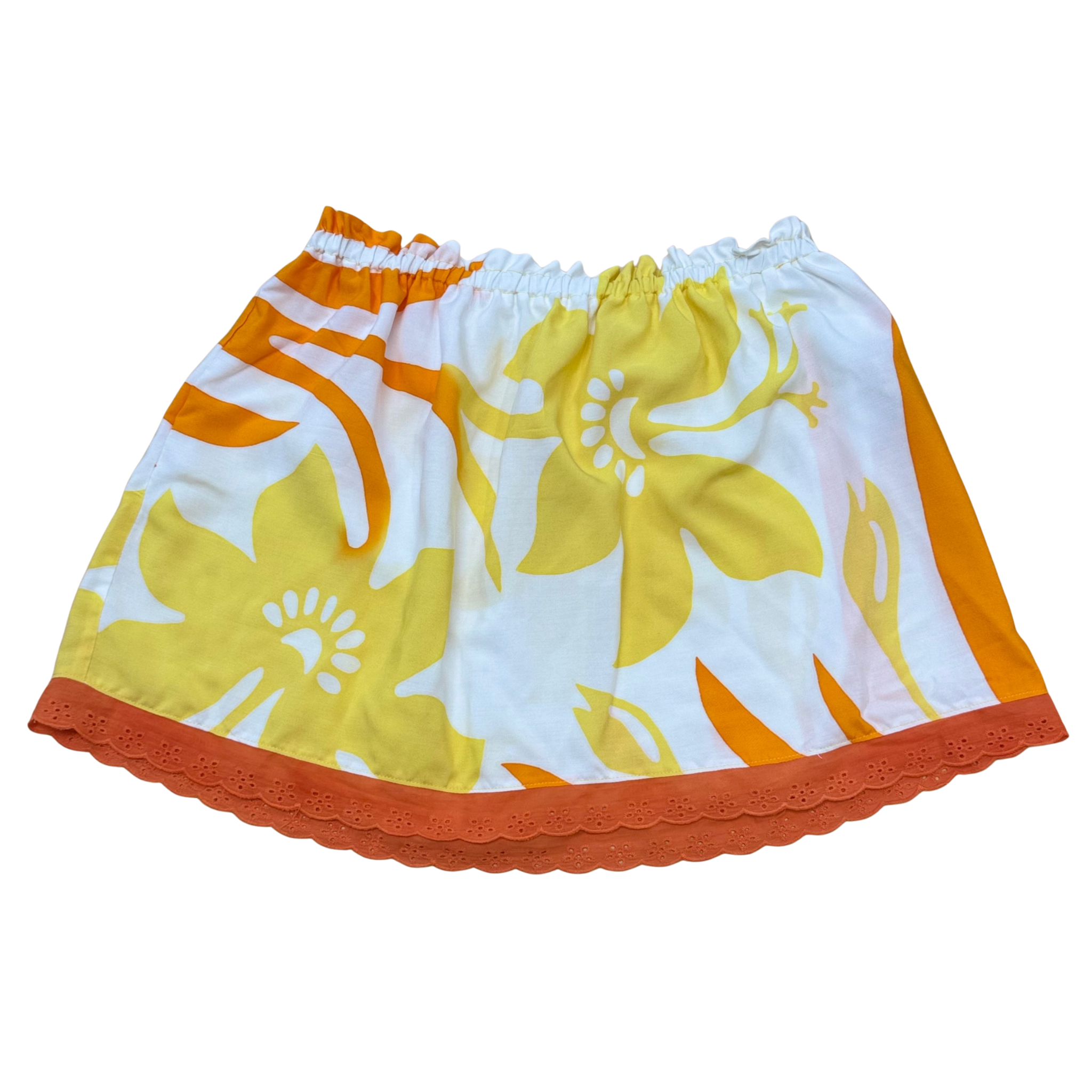 Ginger Leong Made in Hawaii Hula Iki Top-Small/Med-White with Yellow Flowers and Orange Leaves/Orange Lace