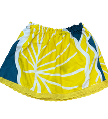 Ginger Leong Made in Hawaii Hula Iki Top-Small/Med-Yellow Leaf with Teal/Yellow Lace